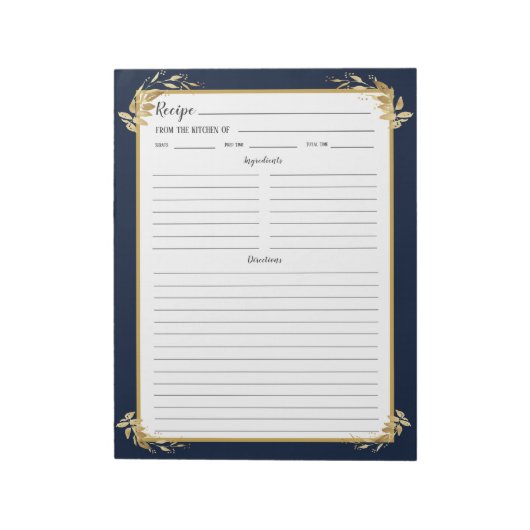 ネイビーブルー金ゴールド葉レシピバインダーメモ帳 ノートパッド (回転)