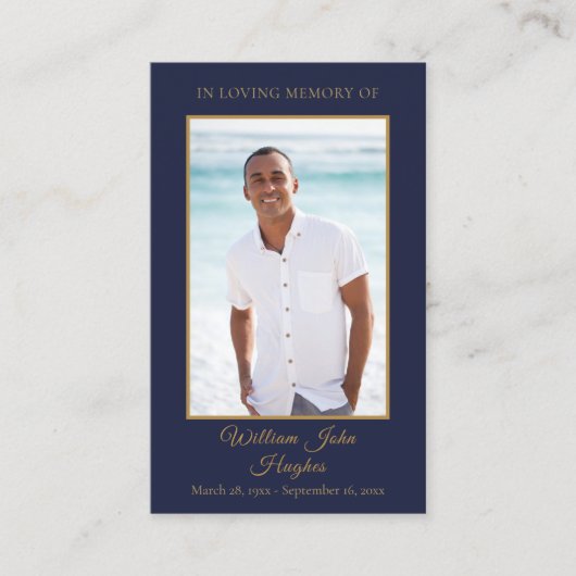 ネイビーブルー金ゴールド葬儀記念写真祈りの言葉カード 名刺 (正面)