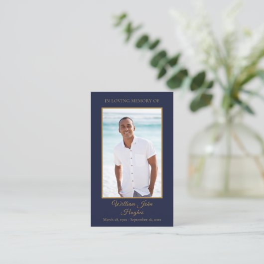 ネイビーブルー金ゴールド葬儀記念写真祈りの言葉カード 名刺 (スタンド正面)