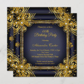 ネイビーブルー金ゴールド誕生日会写真ダイヤモンド 招待状 (正面/裏面)