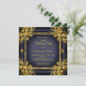 ネイビーブルー金ゴールド誕生日会写真ダイヤモンド 招待状 (スタンド正面)