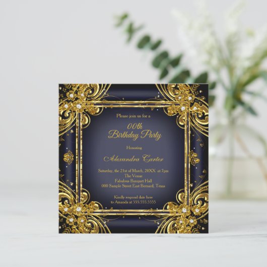 ネイビーブルー金ゴールド誕生日会写真ダイヤモンド 招待状 (スタンド正面)