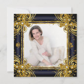 ネイビーブルー金ゴールド誕生日会写真ダイヤモンド 招待状 (裏面)