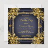 ネイビーブルー金ゴールド誕生日会写真ダイヤモンド 招待状 (正面)