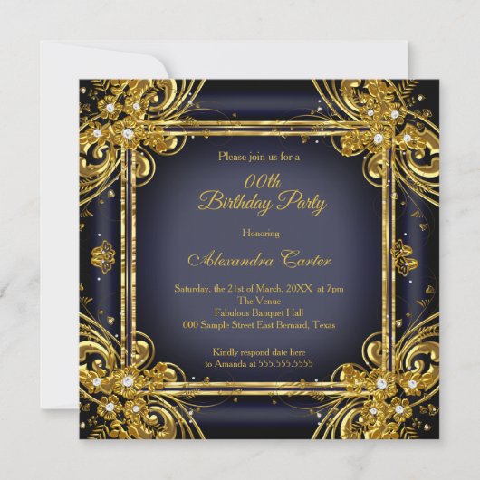 ネイビーブルー金ゴールド誕生日会写真ダイヤモンド 招待状 (正面)