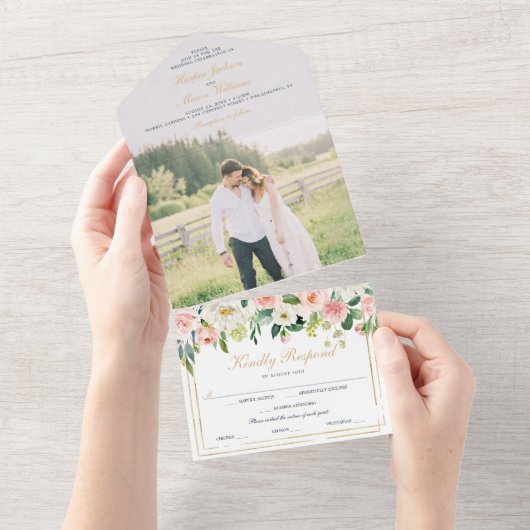 ネイビーブルー金ゴールド赤面ウェディングフォトで招待 オールインワン招待状 (貼ってはがせる)