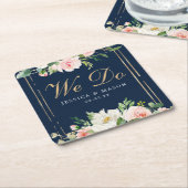 ネイビーブルー金ゴールド赤面コ結婚ースターズ スクエアペーパーコースター (アングル)