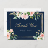 ネイビーブルー金ゴールド赤面サンキューハガキ ポストカード (正面/裏面)