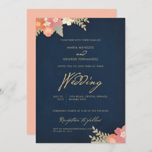 ネイビーブルー金ゴールド赤面ピンクコーラルピーチ結婚ズインビ 招待状 (正面/裏面)