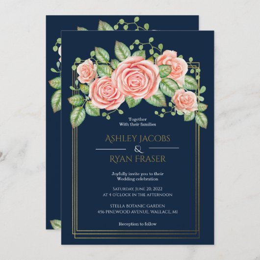 ネイビーブルー金ゴールド赤面フローラ結婚式招待状 招待状 (正面/裏面)