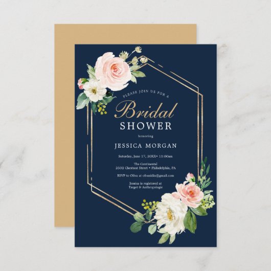 ネイビーブルー金ゴールド赤面ブライダルシャワー招待状 招待状 (正面/裏面)