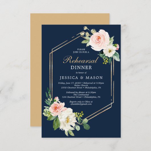 ネイビーブルー金ゴールド赤面リハーサルディナー招待状カード 招待状 (正面/裏面)