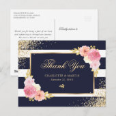 ネイビーブルー金ゴールド赤面結婚フローラサンキュー ポストカード (正面/裏面)