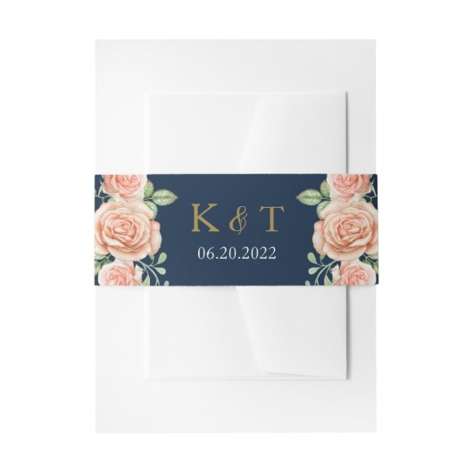 ネイビーブルー金ゴールド赤面結婚フローラ 招待状ベリーバンド (正面例)