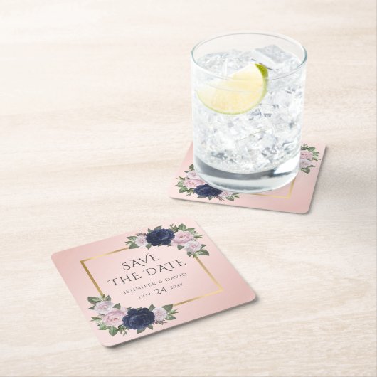 ネイビーブルー金ゴールド赤面結婚式の日付を保存 スクエアペーパーコースター (インサイチュ)