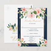 ネイビーブルー金ゴールド赤面結婚式出欠確認ポストカード ポストカード (正面/裏面)