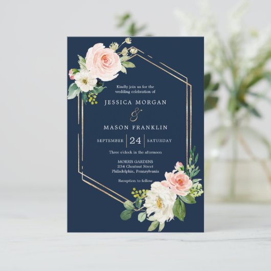 ネイビーブルー金ゴールド赤面結婚式招待状 招待状 (スタンド正面)