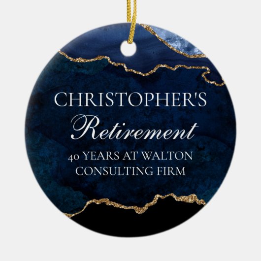 ネイビーブルー金ゴールド退職金パーソナライズされたクリスマス セラミックオーナメント (正面)