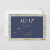 ネイビーブルー金ゴールド銀ホログラフィックグリッターRSVP 出欠カード (正面)