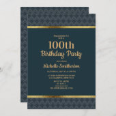 ネイビーブルー金ゴールド100thバースデーパーティー 招待状 (正面/裏面)