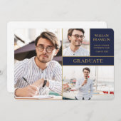 ネイビーブルー金ゴールド3フォトコラージュ卒業アナウンクス 案内状 (正面/裏面)