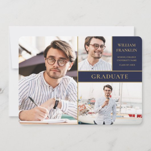 ネイビーブルー金ゴールド3フォトコラージュ卒業アナウンクス 案内状 (正面)