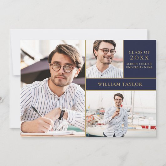 ネイビーブルー金ゴールド3フォトコラージュ卒業パーティー 招待状 (正面)