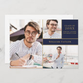 ネイビーブルー金ゴールド3フォトコラージュ卒業パーティー 招待状 (正面/裏面)