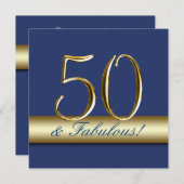 ネイビーブルー金ゴールド50とファボウス誕生日 招待状 (正面/裏面)