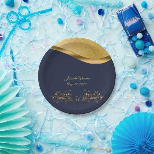 ネイビーブルー金ゴールド50周年結婚を迎える ペーパープレート (パーティー)