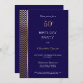 ネイビーブルー金ゴールド50thバースデーパーティー 招待状 (正面/裏面)