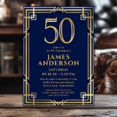 ネイビーブルー金ゴールド50th誕生日写真 招待状