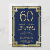 ネイビーブルー金ゴールド60誕生日フォトサプライズパーティー 招待状 (正面)