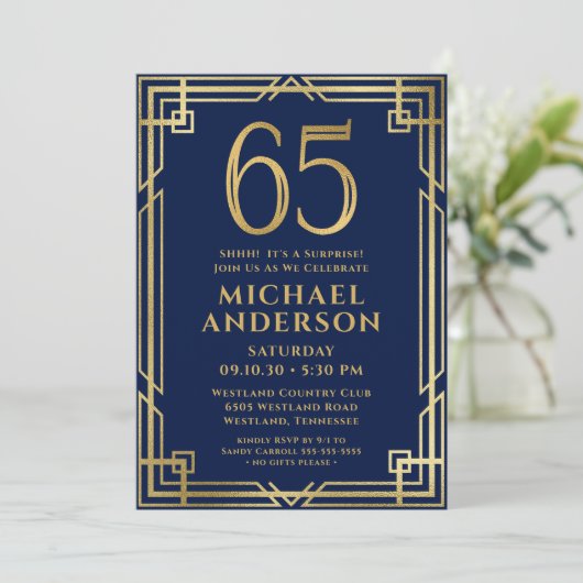 ネイビーブルー金ゴールド65誕生日フォトサプライズパーティー 招待状 (スタンド正面)