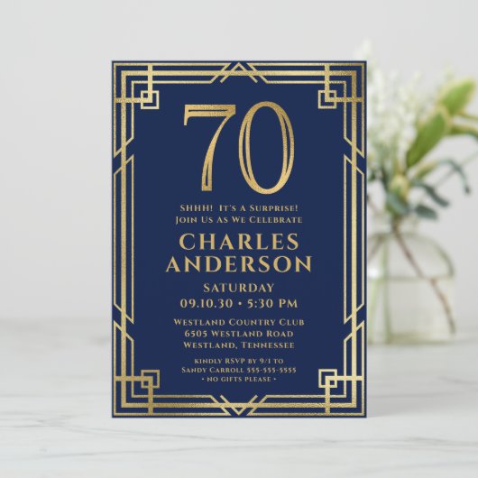 ネイビーブルー金ゴールド70誕生日フォトサプライズパーティー 招待状 (スタンド正面)