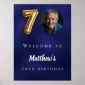 ネイビーブルー金ゴールド70th photo birthday party welcome ポスター (正面)