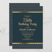 ネイビーブルー金ゴールド75thバースデーパーティー 招待状 (正面/裏面)