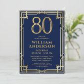 ネイビーブルー金ゴールド80th誕生日写真 招待状 (スタンド正面)