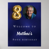 ネイビーブルー金ゴールド80th photo birthday party welcome ポスター (正面)