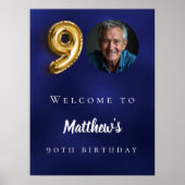 ネイビーブルー金ゴールド90th photo birthday party welcome ポスター (正面)