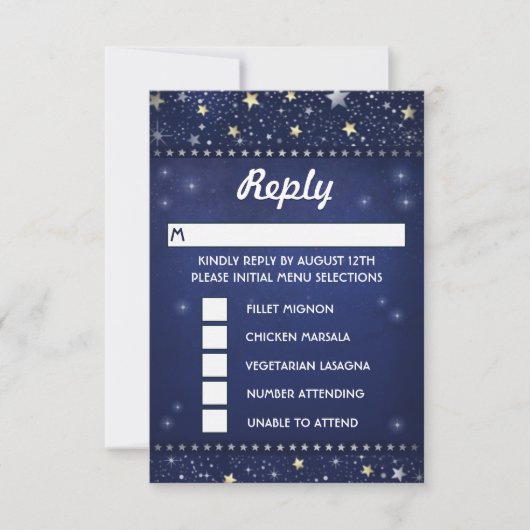 ネイビーブルー金ゴールド&ホワイトスターズRSVPメニューの選択 出欠カード (正面)