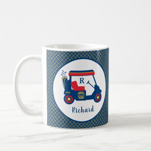 ネイビーブルー金ゴールド&レッドゴルフパーソナライズされた場 コーヒーマグカップ (左)