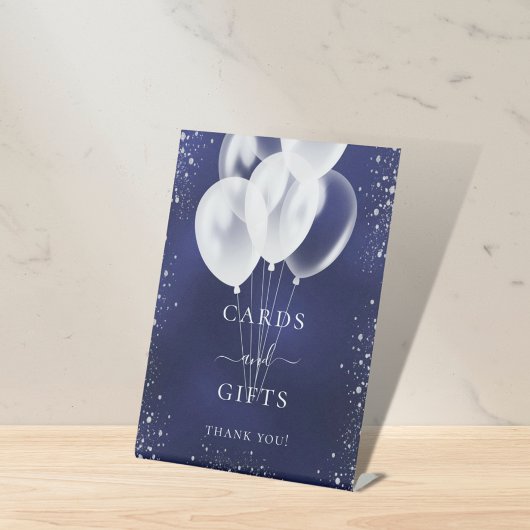ネイビーブルー銀グリッターバルーンカードギフト 台座サイン