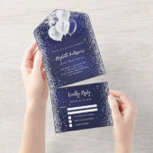 ネイビーブルー銀バルーングリッター誕生日rsvp オールインワン招待状 (貼ってはがせる)