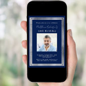 ネイビーブルー銀写真誕生日 招待状