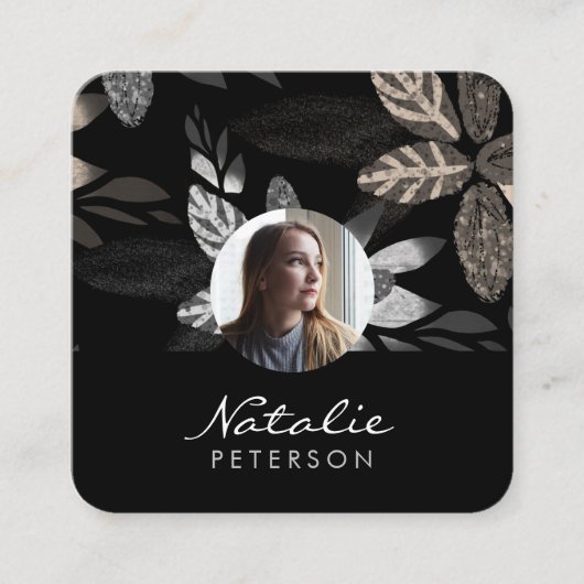 ネイビーブルー銀植物台本写真 スクエア名刺 (正面)