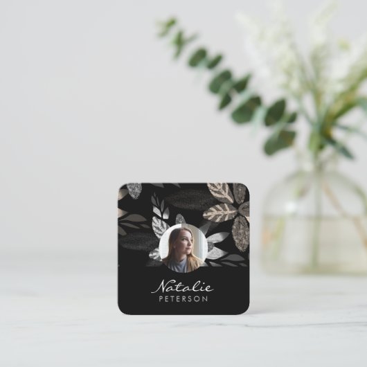 ネイビーブルー銀植物台本写真 スクエア名刺 (スタンド正面)