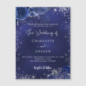 ネイビーブルー銀色の花スクリプト豪華結婚な マグネット招待状 (正面)