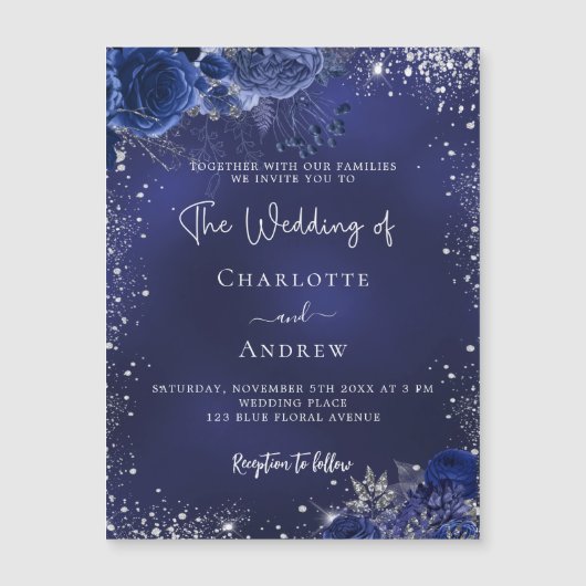 ネイビーブルー銀色の花スクリプト豪華結婚な マグネット招待状 (正面)