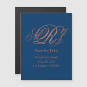 ネイビーブルー銅エレガントモノグラム日付を保存 マグネット招待状 (正面/裏面)